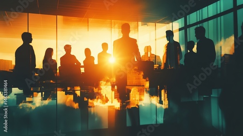 Double exposure image of many business people teamg group silhouette office background.