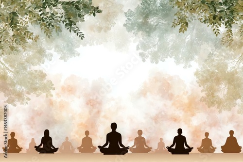 Serene Meditation Scene with Silhouettes and Soft Natural Background
