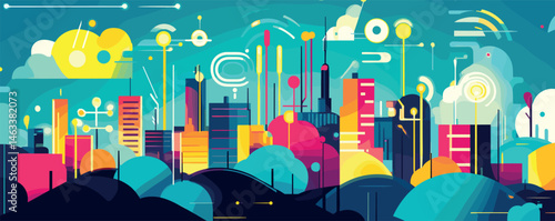 Futuristic abstract cityscape with geometric patterns and bright colors.