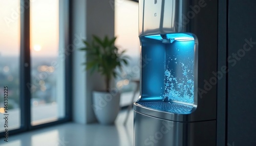 Sleek, modern water cooler dispensing chilled water , drinking fountain, dispenser, appliance