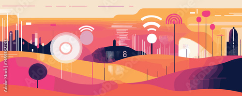 Abstract futuristic landscape with colorful geometric shapes and digital connectivity symbols.
