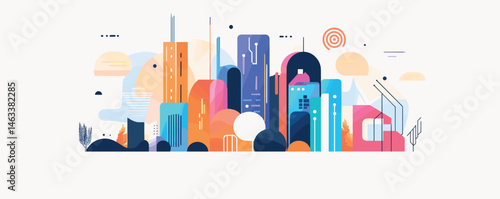 Illustrated futuristic cityscape with abstract buildings and vibrant colors.