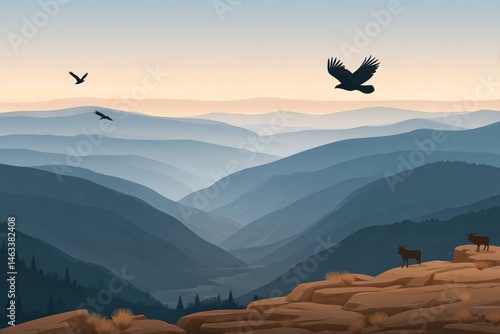 Serene Mountain Landscape with Birds and Grazing Animals at Dusk