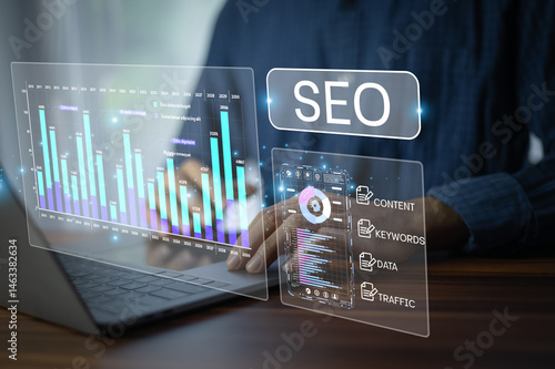 Fotografie Businessman analyzing SEO performance using digital tools and data visualization to improve website traffic, keyword strategy, and content planning