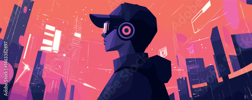 Futuristic young man with headphones exploring neon cityscape in virtual reality.