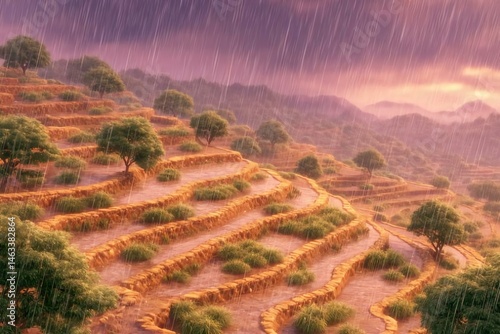 Serene Rainy Landscape with Terraced Fields and Lush Greenery