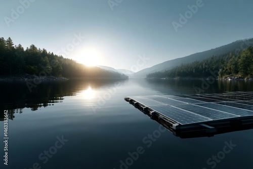Serene Sunrise Over Solar Panels on a Calm Lake in Nature