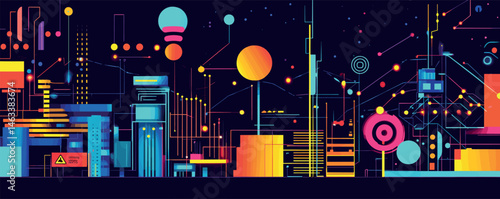 Futuristic neon cityscape with abstract geometric shapes and vibrant colors under night sky.