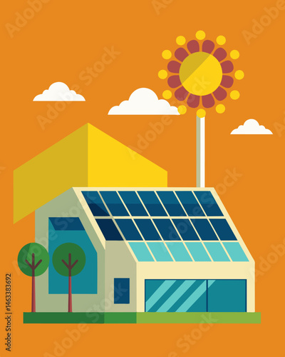 The sun was effectively harnessed by the shopping centers solar panels providing a renewable source of energy to power the daily operations of the mall.. Vector illustration