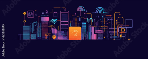 Futuristic digital city skyline with neon connections and technological elements.