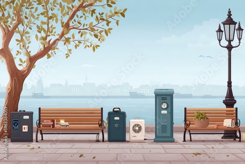 Serene Urban Scene with Benches and Vintage Utility Objects by Water