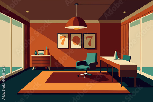 den style office with wood paneling 