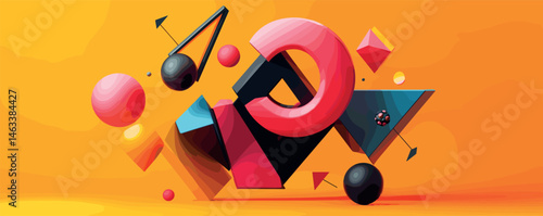 Abstract geometric shapes arrangement on vibrant orange background with shadows and highlights.
