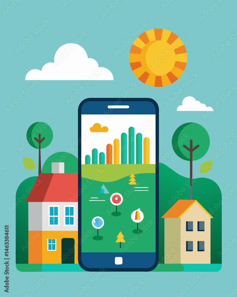 Through the app users can compare their solar energy usage with nearby neighborhoods to see how theyre contributing to a more sustainable future.. Vector illustration Through the app users can compare their solar energy usage with nearby neighborhoods to see how theyre contributing to a more sustainable future.. Vector illustration