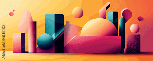 Abstract geometric cityscape with sunset colors and modern architecture shapes.