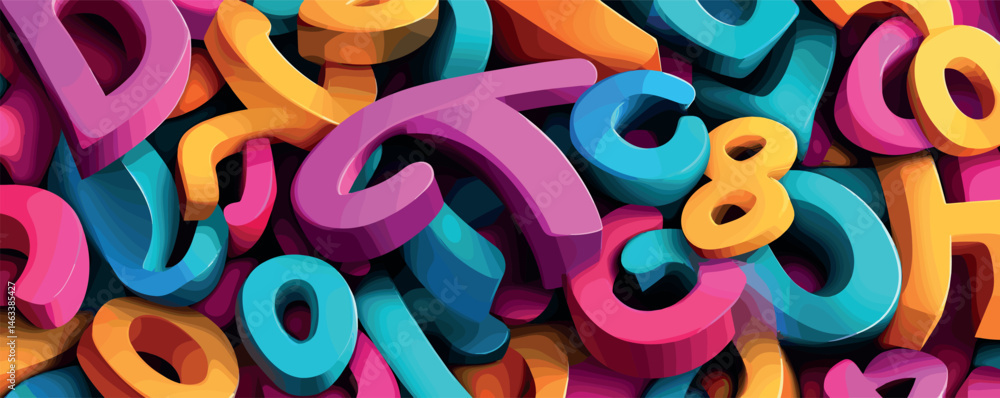Colorful 3d alphabet and numbers background with pink, blue, and orange characters. Colorful 3d alphabet and numbers background with pink, blue, and orange characters.