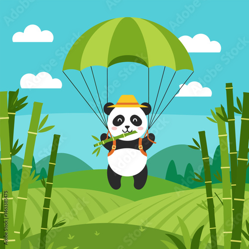 Panda Character Parachuting Holding Bamboo Above Green Landscape Illustration