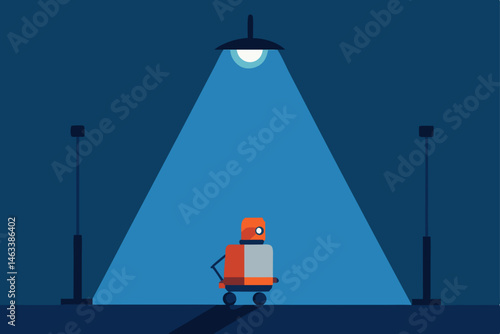 a food delivery bot stuck under a streetlight 