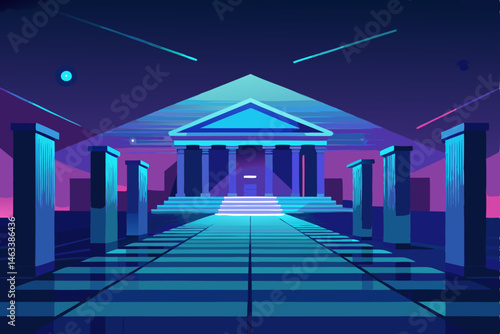 a digital museum glowing in holograms after hours  