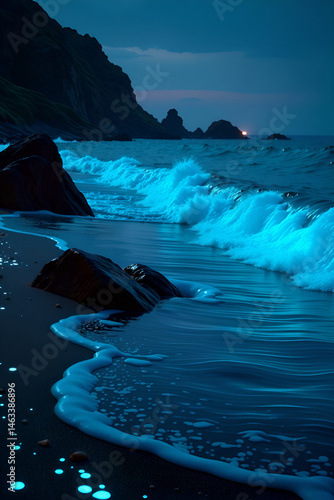  Bioluminescent Shoreline: Magical Coastal Landscape at Midnight [with space for text]