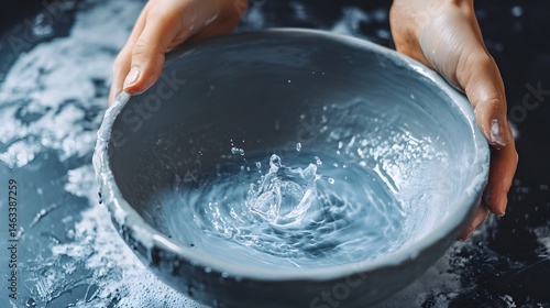 Applying Water to Clay: Hands dipping into a bowl of water and then applying it to a clay sculpture, the wetness enhancing the smooth texture of the clay. 
