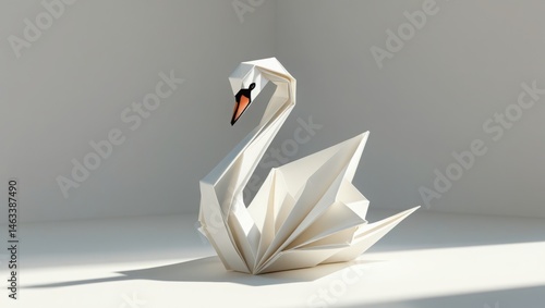 Fototapeta Naklejka Na Ścianę i Meble -  A single origami swan sculpture made of white paper