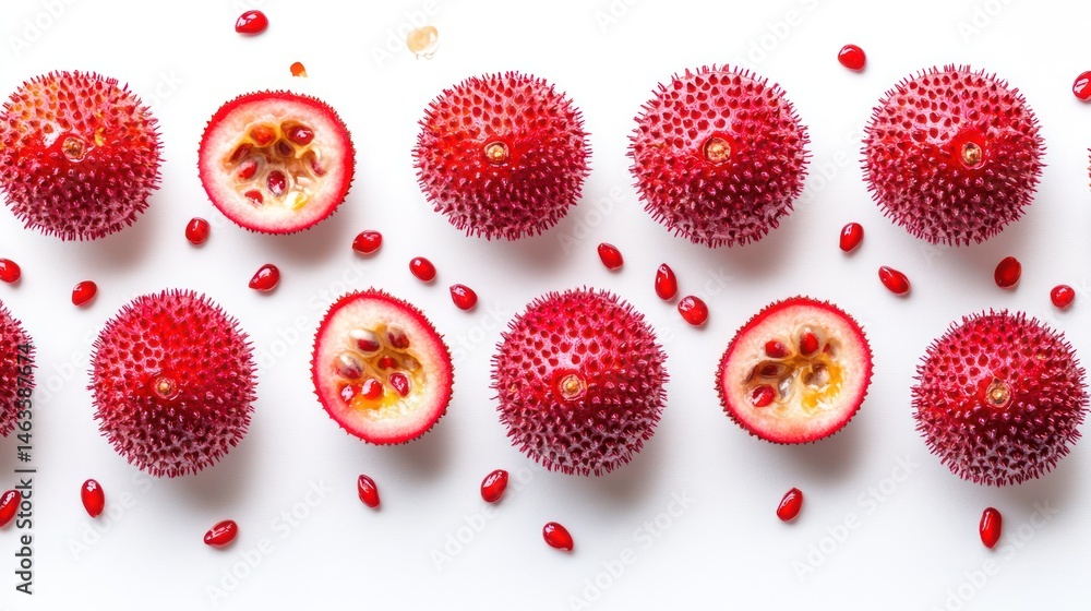 Red Spiny Fruits Arranged on White Background