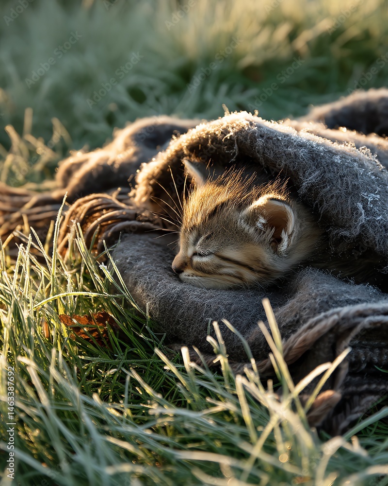 Fototapeta premium Kitten sleeping in blanket outdoors