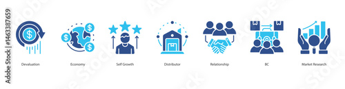 Economic Adaptation web banner icon sheet devaluation, economy, self growth, distributor, relationship, b2c, market research
