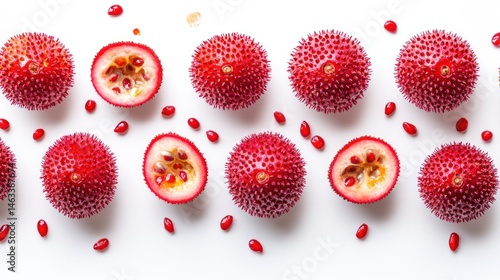 Obraz na płótnie Red Spiny Fruits Arranged on White Background w salonie