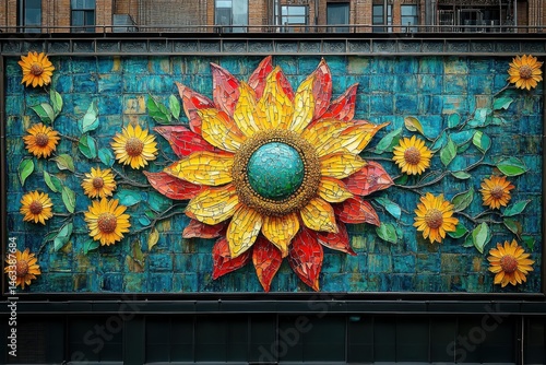 Vibrant Sunflower Mosaic Wall Art with City Building.