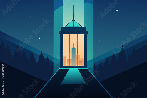 a glass elevator rising through a glowing tower 