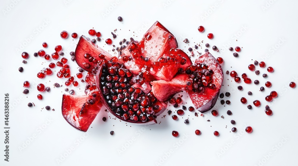 Pomegranate Slices Scattered on White