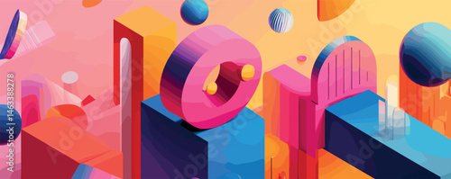 Colorful abstract geometric shapes in a vibrant 3d digital art landscape.