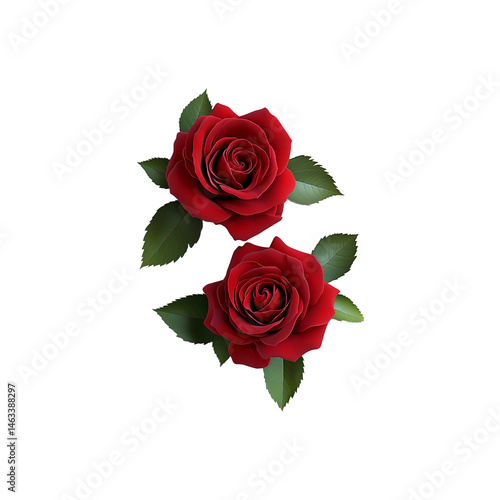 Two Exquisite Red Roses with Lush Green Leaves, Isolated on Transparent Background: Perfect for Romantic Designs and Floral Arrangements