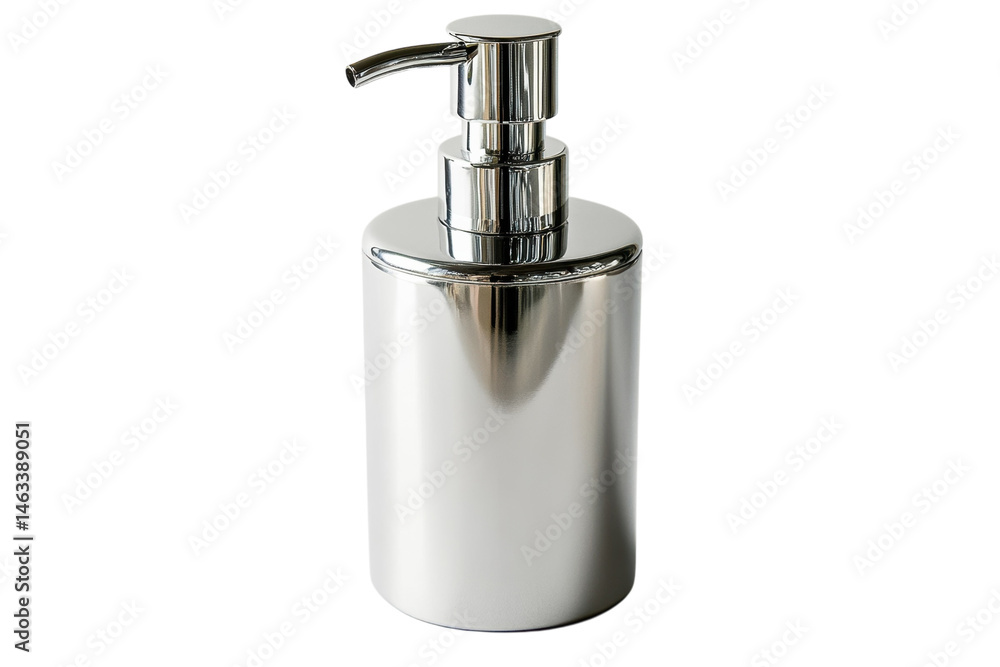 Fototapeta premium Sleek chrome soap dispenser modern bathroom design elegant cylindrical shape reflecting light on transparent background