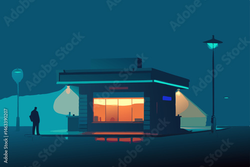 a neon lit pawn shop surrounded by fog and silence.svg