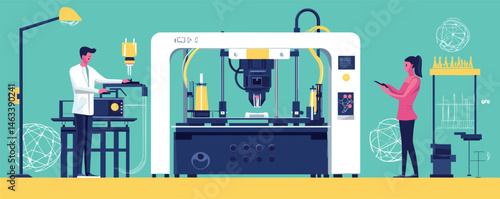 Scientists working with advanced 3d printer in modern lab.