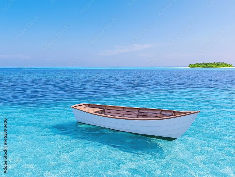 Naklejka premium Empty small boat on calm tropical ocean