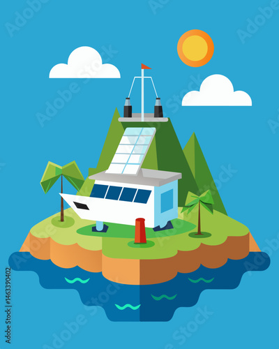 The vessel docked at a remote island utilizing its solar power to provide electricity for the local research station.. Vector illustration
