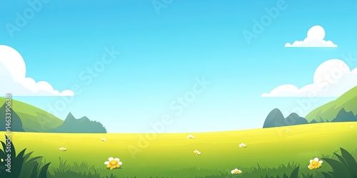 Serene Spring Meadow Landscape: Vibrant Green Field Under a Sunny Sky with Gentle Hills and Scattered Flowers