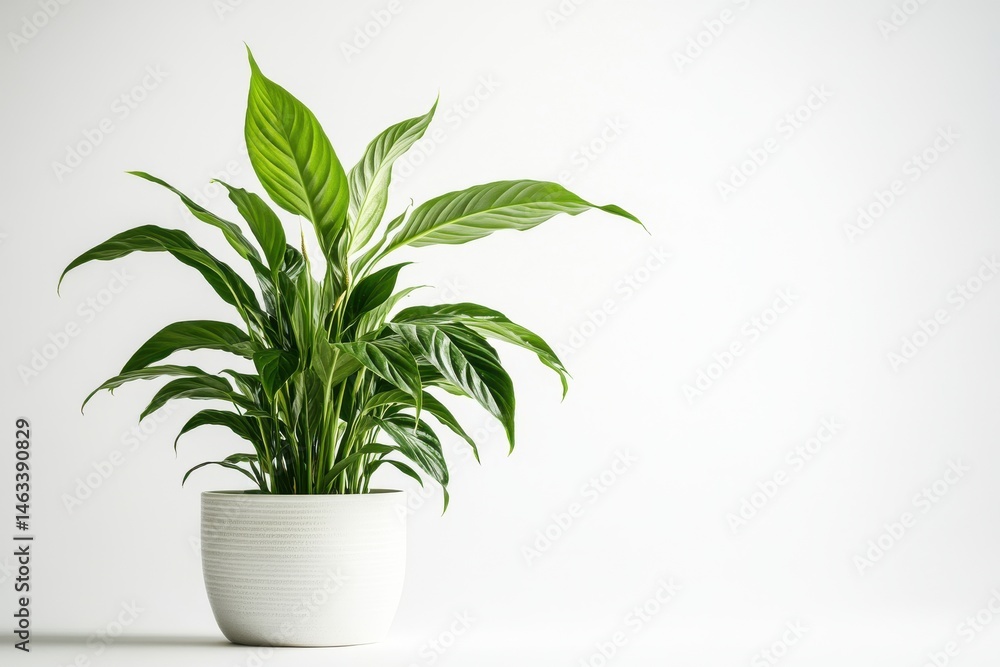 Peace lily plant in a white pot against a clean white studio backdrop view Peace lily plant in a white pot against a clean white studio backdrop view