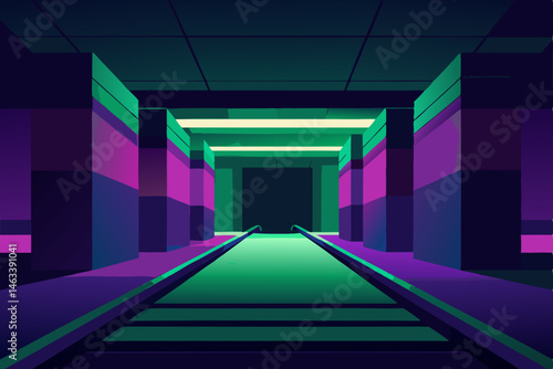 a quiet subway entrance glowing in green 