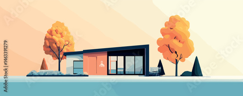 Modern minimalist house with autumn trees in a serene landscape.