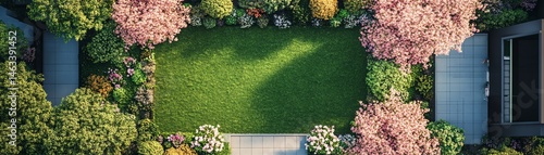 Minimalist garden patio with lush green lawn and blooming cherry trees topdown perspective with a focus on the symmetry and vibrant greenery
