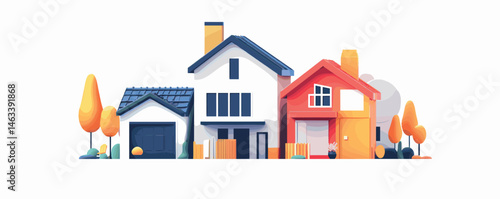Modern suburban houses with colorful facades and trees in a scenic neighborhood setting.