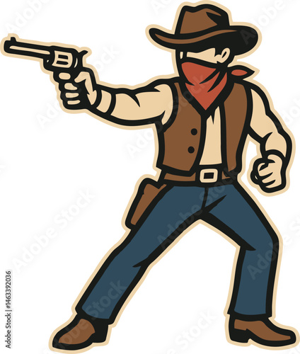 Cartoon Cowboy Aims His Revolver Facing Forward With Determination And A Masked Face Design