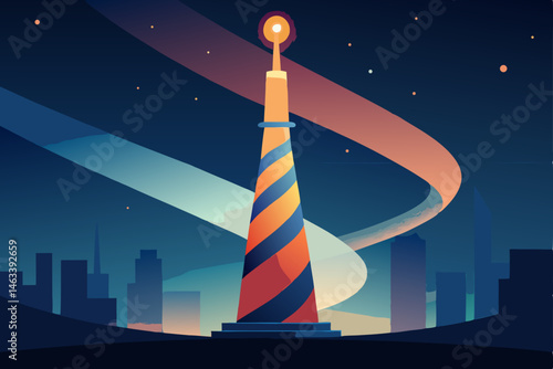 a spiral tower glowing like a lighthouse 