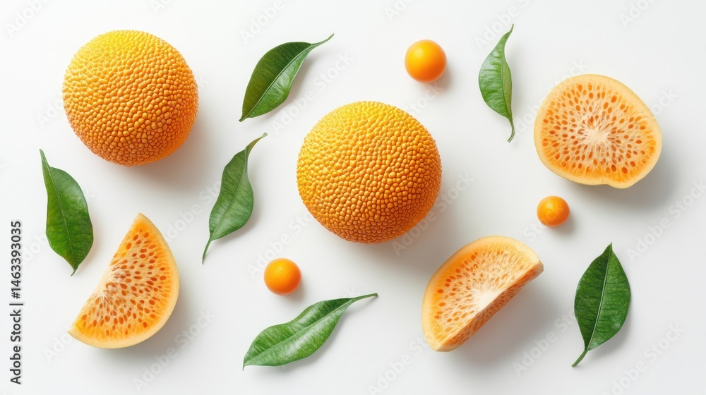 Fresh Melon Slices & Whole Fruits, White Background