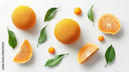 Obraz na płótnie Fresh Melon Slices & Whole Fruits, White Background w salonie
